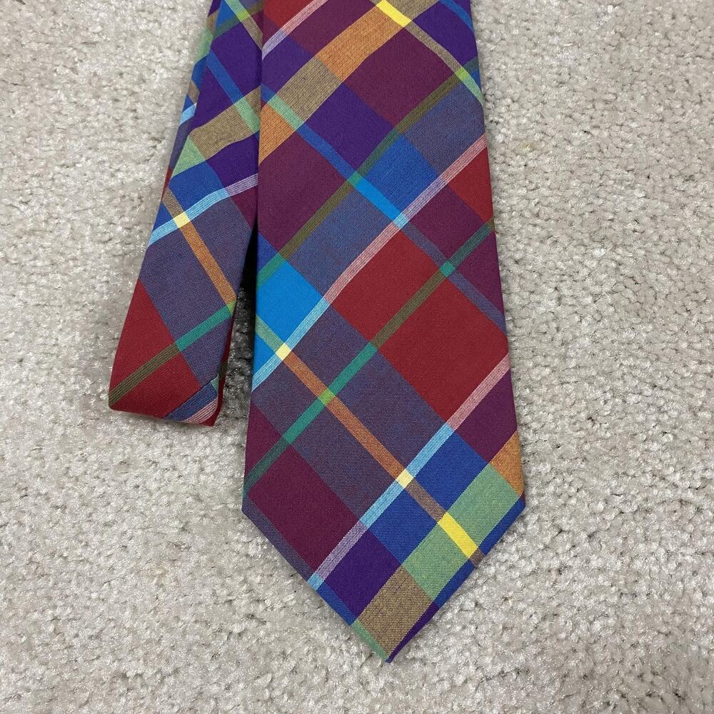 VTG Lands' End Tie Mens Madras Cotton Tartan Plaid Necktie USA Ivy Prep Academia